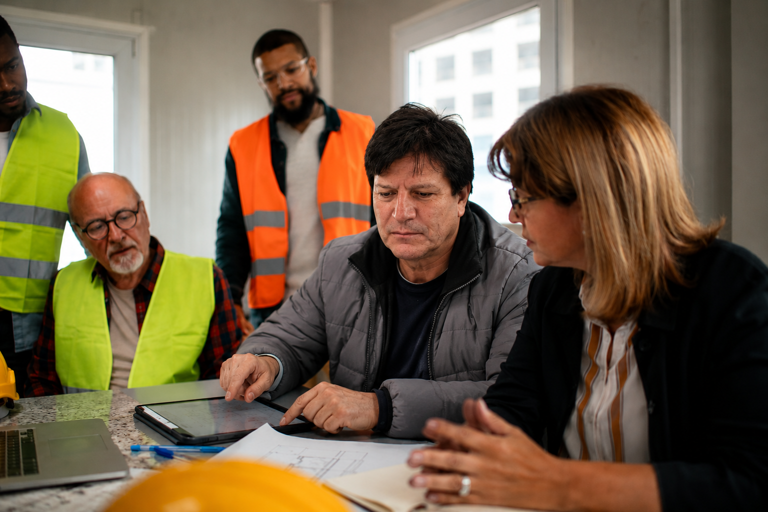 JCV Contractors team meeting with a homeowner